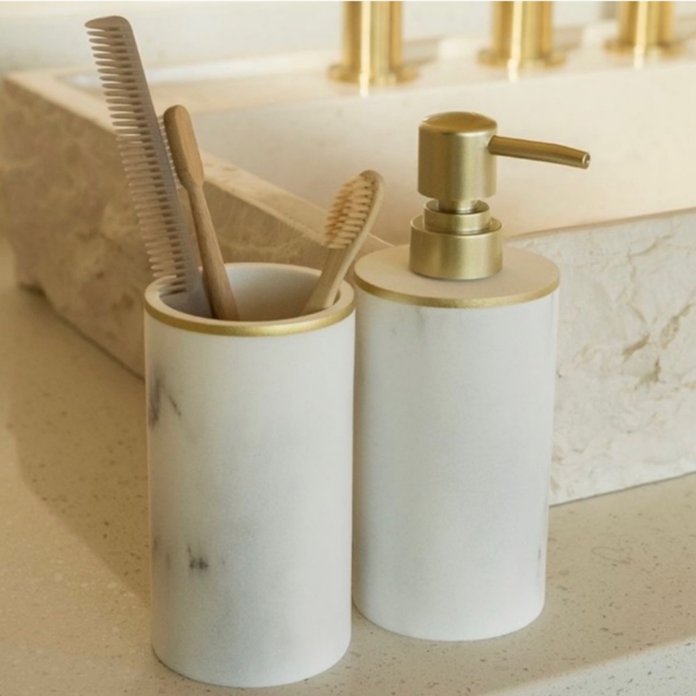 NEW in BOX! SUNDAY CITIZEN 2 PIECE RESIN BATH SET ~ MARBLE LOOK + GOLD A…
